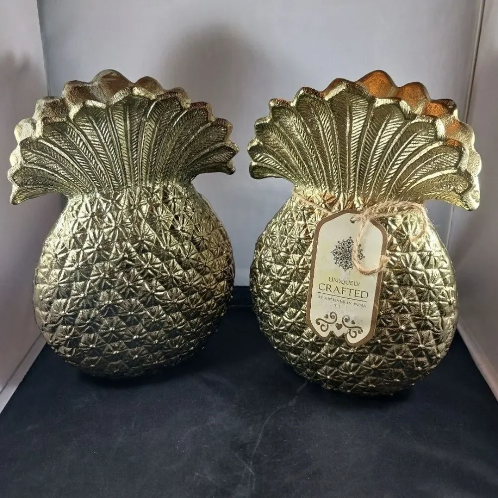 2 Artisan Pineapple Gold Color Metal Vase